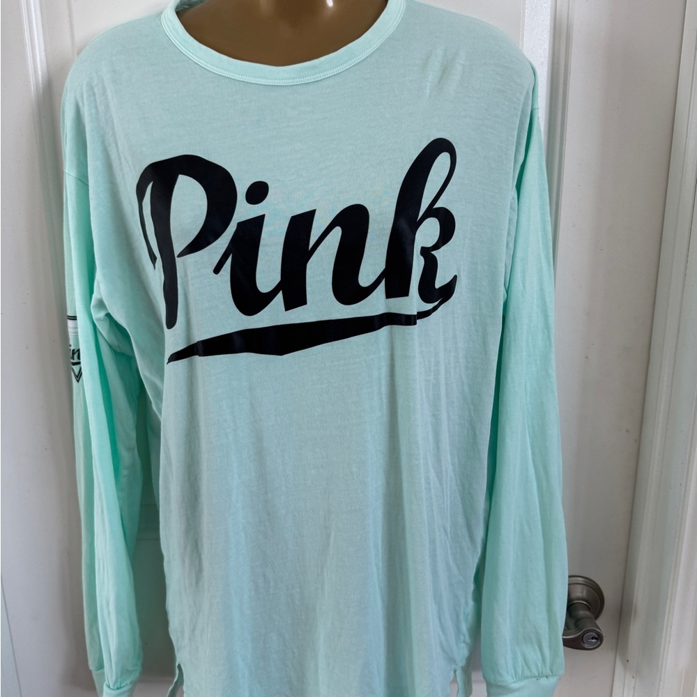 PINK long sleeveve shirt with keyhole back. Mint green with PINK graphics.